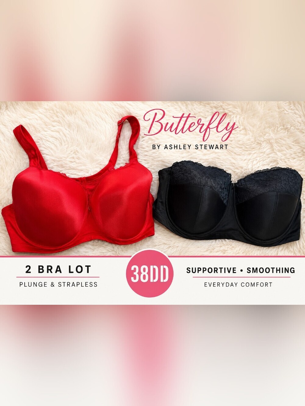 Ashley Stewart Butterfly Bra Set Size 38DD Red Plunge & Black Strapless